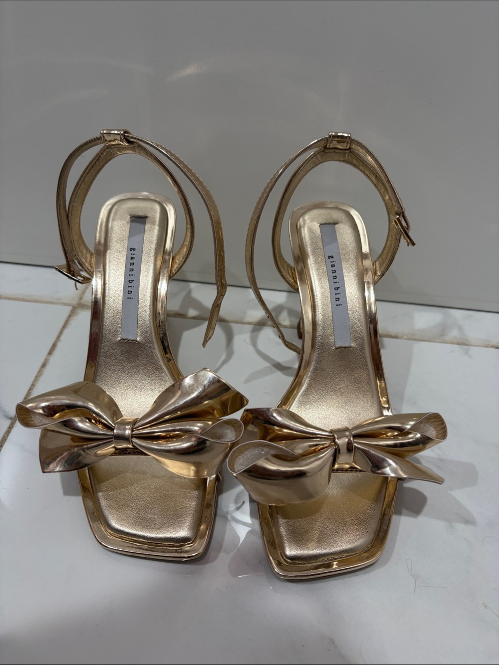 Gianni Bini Metallic Gold Bow Ankle-Strap Heels